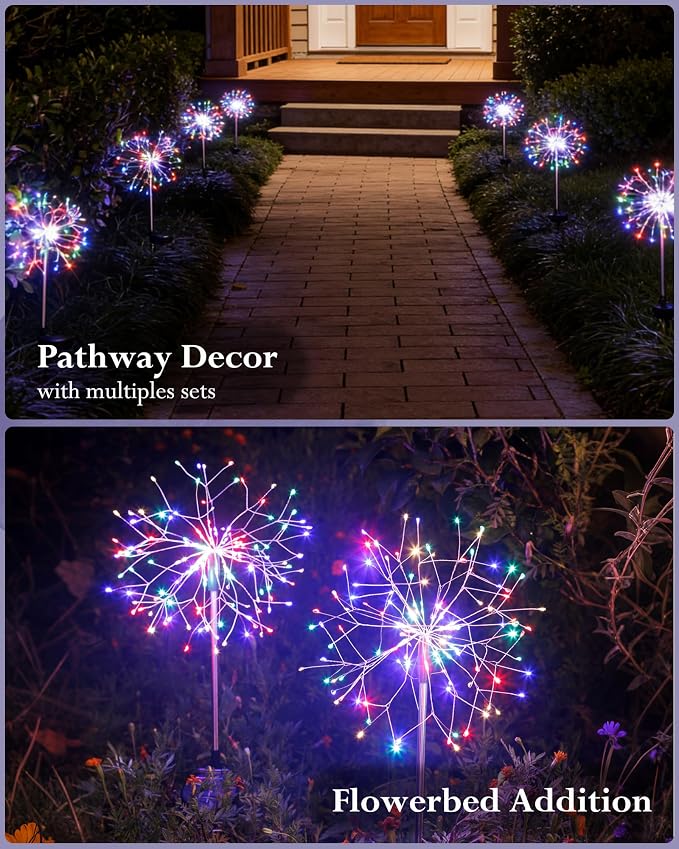 Solar Garden Lights Outdoor Yard Decorations, 4 Pack 150Leds Pathway Light, Fairy Firework Stake Lights for Garden, Patio, Pathway, Flowerbed Multicolor
