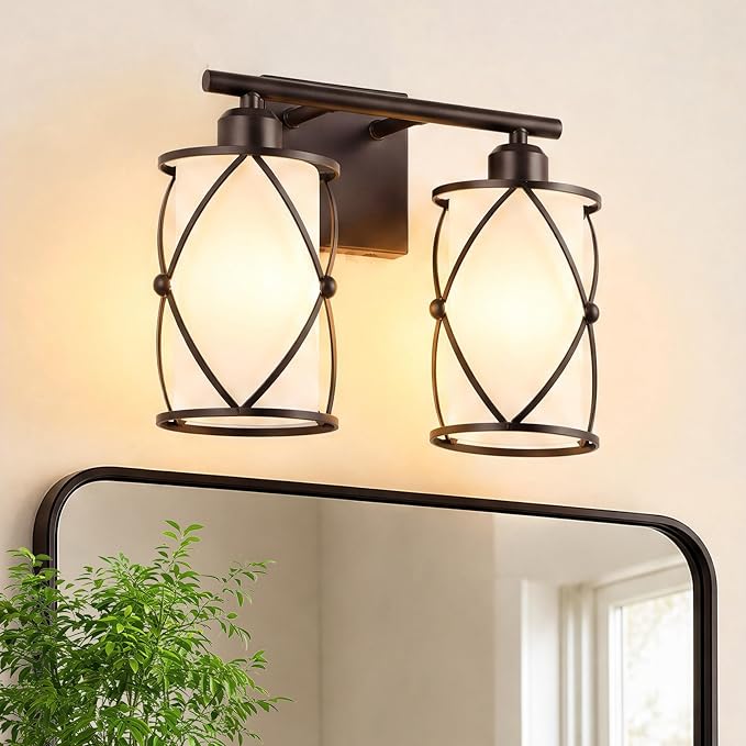 2-Light Oil Rubbed Bronze Bathroom Light Fixtures Over Mirror, 13.2" UL-Listed Modern Farmhouse Wall Sconce Lights with Milk White Frosted Glass and Metal Cage for Bath, E26, CH9176ORBW-2W