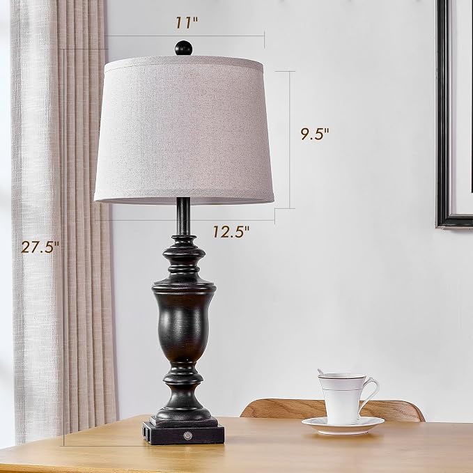 SAIWEYA 27.5" Set of 2 Farmhouse Table Lamps for Bedroom with AC Outlet | USB A+C Ports, 3 Way Dimmable Touch Control , Nightstand Lamps for Bedside, LED Bulb Included