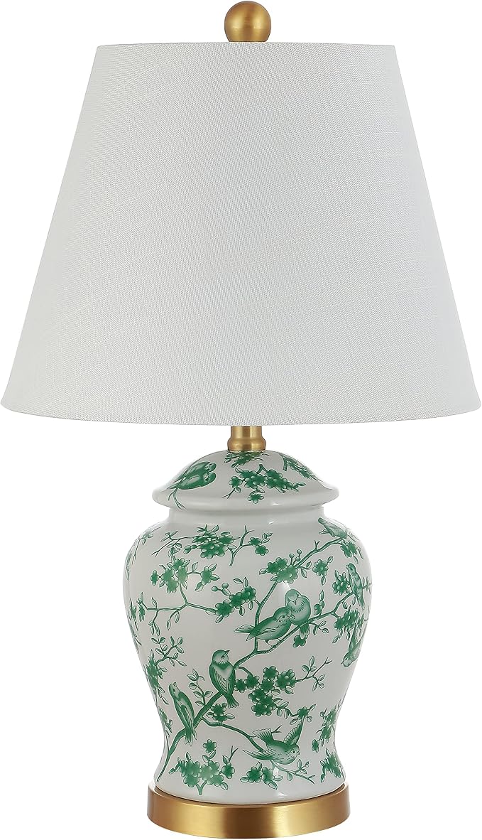 JONATHAN Y Penelope Ginger Jar 22" LED Table Lamp, White/Green | Chinoiserie, Ceramic Metal Construction, French Country Traditional, Linen Empire Shade, Brass Gold, LED Bulb Included