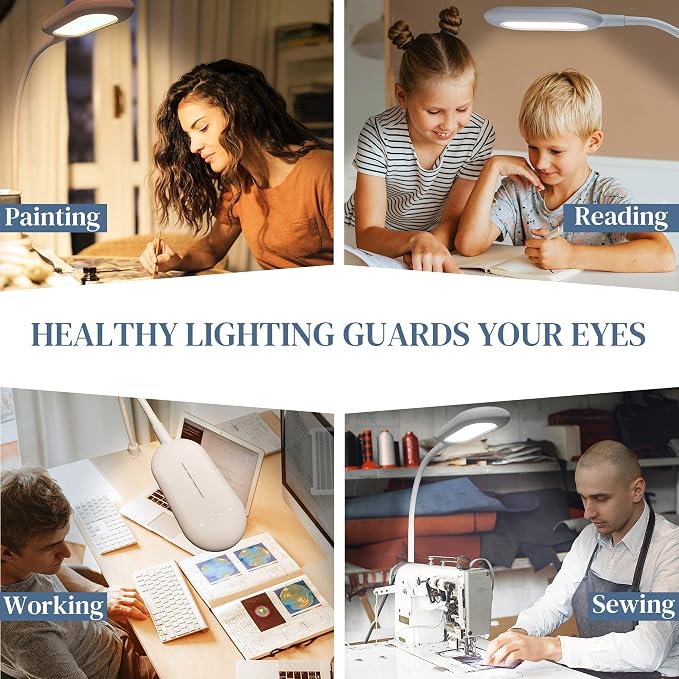 LED Reading Lamp, Eye Care Table Light Bright Enough for 700 Lumen, 10W Dimmable & 3 Color Modes, 360° Swivel Lamp Head Touch Desk Lamp for Home Office/Reading/Work (White)
