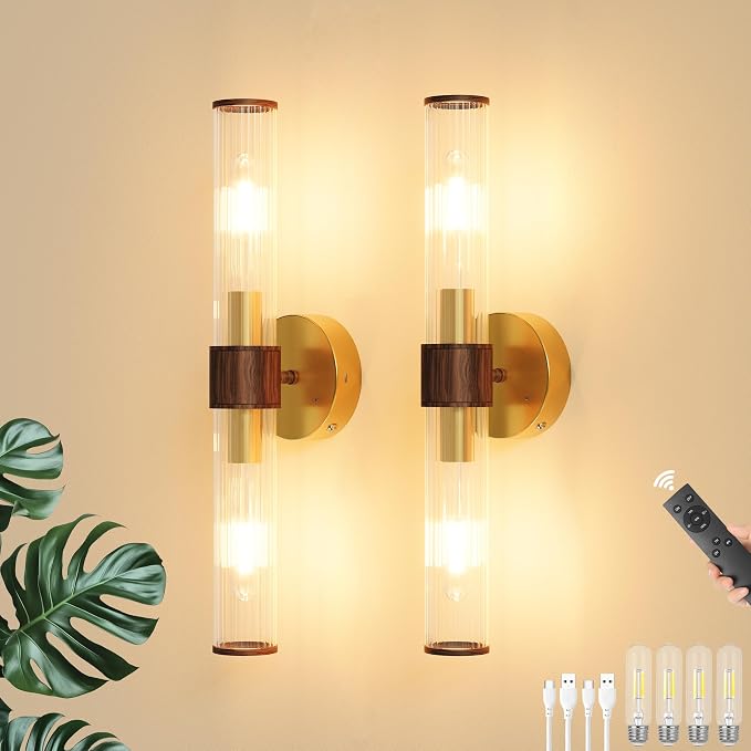 Morauroral Gold Walnut Battery Operated Wall Sconces Set of 2, Rechargeable Wall Lights with Remote, 20 Inch Modern Wireless Wall Lamp for Bedroom, Living Room (Bulbs Included)