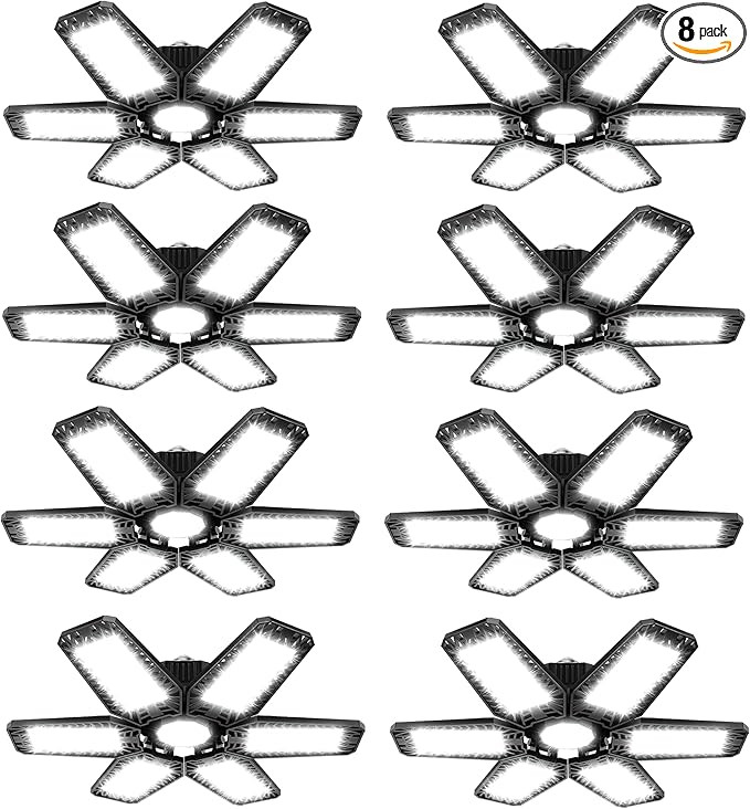 ISKYDRAW LED Garage Lights 185W, 8 Pack 18500LM Bright Shop Light with 6+1 Deformable Panels, 6500K Daylight Garage Ceiling Light Screw in E26/E27 Bulb Bay Lighting for Workshop Basement Barn Attic