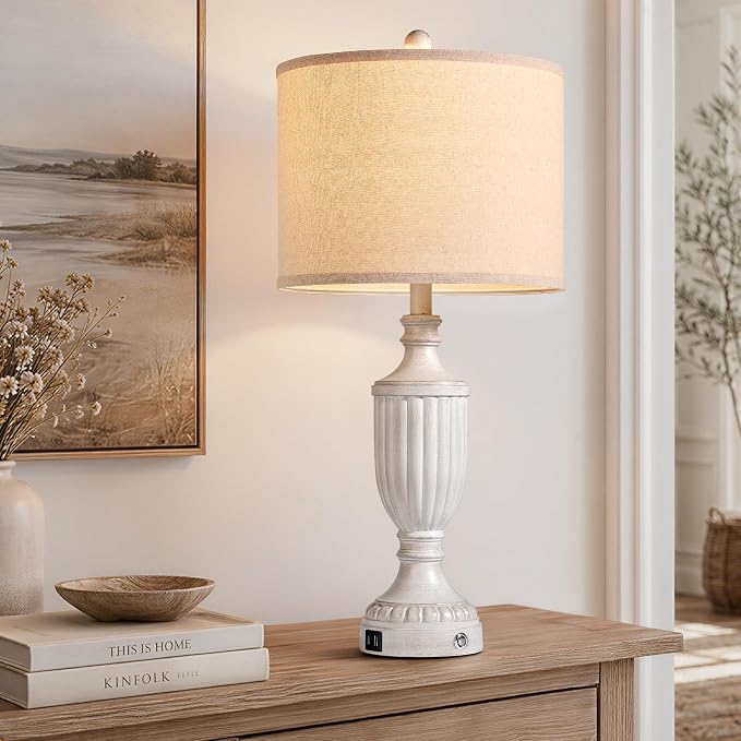 Farmhouse Table Lamps for Bedroom Set of 2, 27.5" Bedside Lamp with USB Ports, Dimmable Nightstand Table Lamp for Living Room