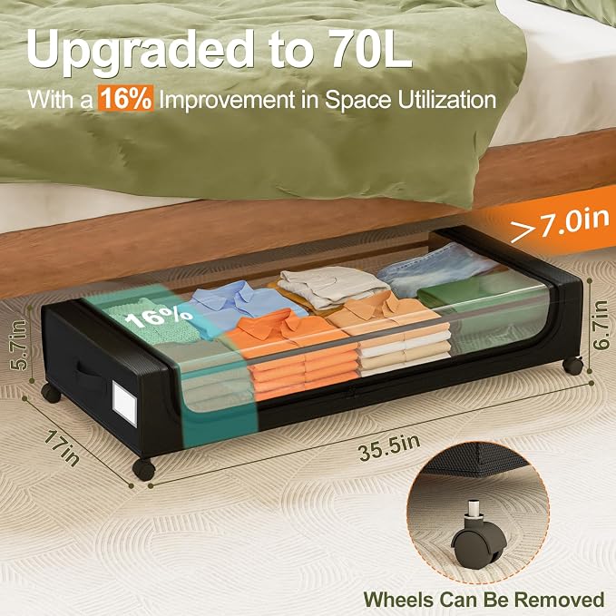 GoMaihe Under Bed Storage with Wheels 70L Black 2-Pack | Rolling Rangement Vetement sous le Lit - Containers for Clothes Shoes in Bedroom - Easy Pull-out