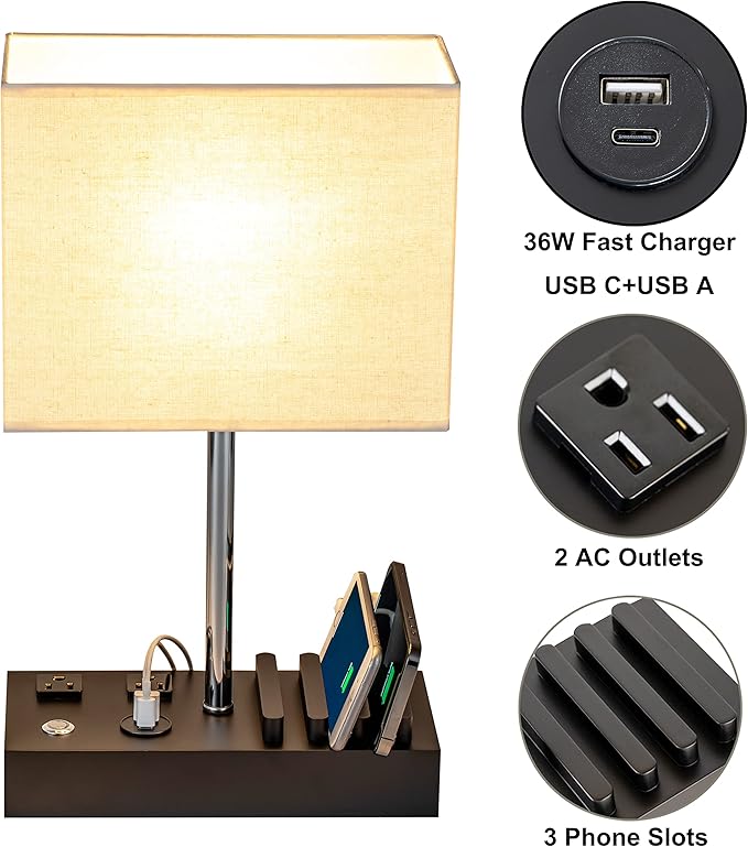 Briever Upgraded 3 USB Table Lamp with 2 USB A & C Charging Ports, Bedside Desk Lamp with 2 AC Outlets and Wooden Phone Stand Organizer, Nightstand Lamp for Bedroom, Living Room, Office, Silver Base