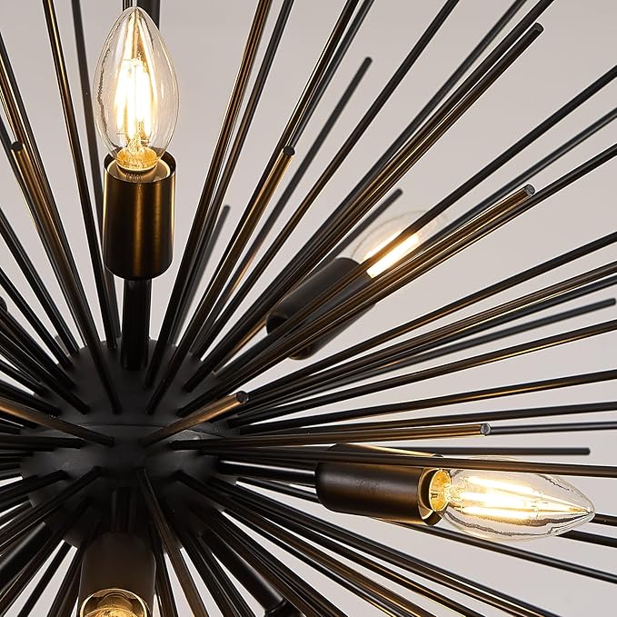 32in Black Sputnik Chandelier Solid Metal Starburst Chandelier Light Fixture 9-Light Mid-Century Modern Satellite Light Fixture for Living Room Dining Room Foyer Study Room Bathroom,E12