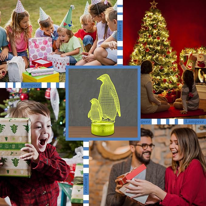Lampeez Penguin Gift, Penguin 3D Night Light for Kids, 16 Colors Changing Illusion Lamp with Remote Control Dimmable Function 4 Flashing Mode, Kids Bedroom Decor Gifts for Boys Girls