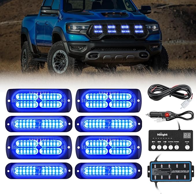Nilight 8PCS Led Strobe Lights with Controller 12V 24V Sync Feature Blue Emergency Hazard Warning Light 12 24 LED Surface Mount for Vehicle Car Truck RV ATV