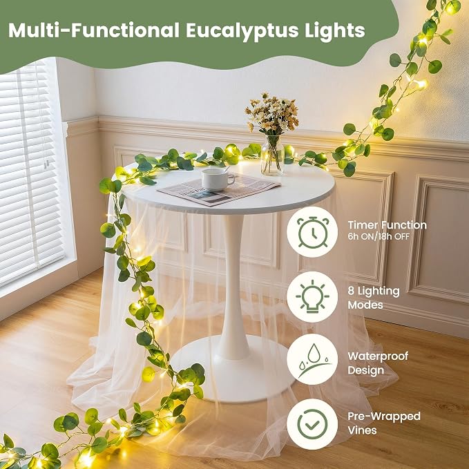 HEYFUNi 23FT Eucalyptus Garland with String Lights, Plug in | 73 Leds, Timer & Memory & 8 Modes, Greenery Eucalyptus Leaf Vine Lights for Bedroom, Wall, Wedding, Party, Summer Dorm Decor