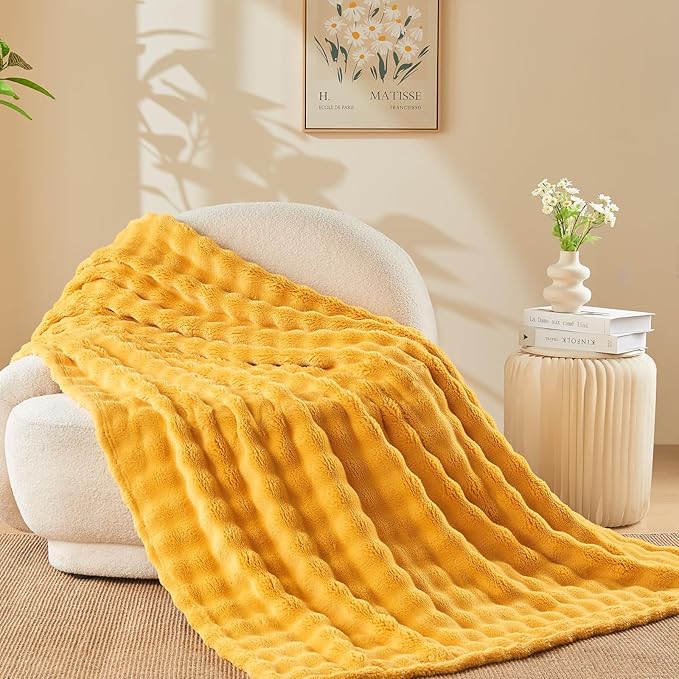 NEWCOSPLAY Twin Blanket for Couch Mustard Yellow Super Soft Flannel Fleece 3D Bubble Lightweight Bed Blanket All Season Use (Mustard Yellow, Twin(60"x80"))