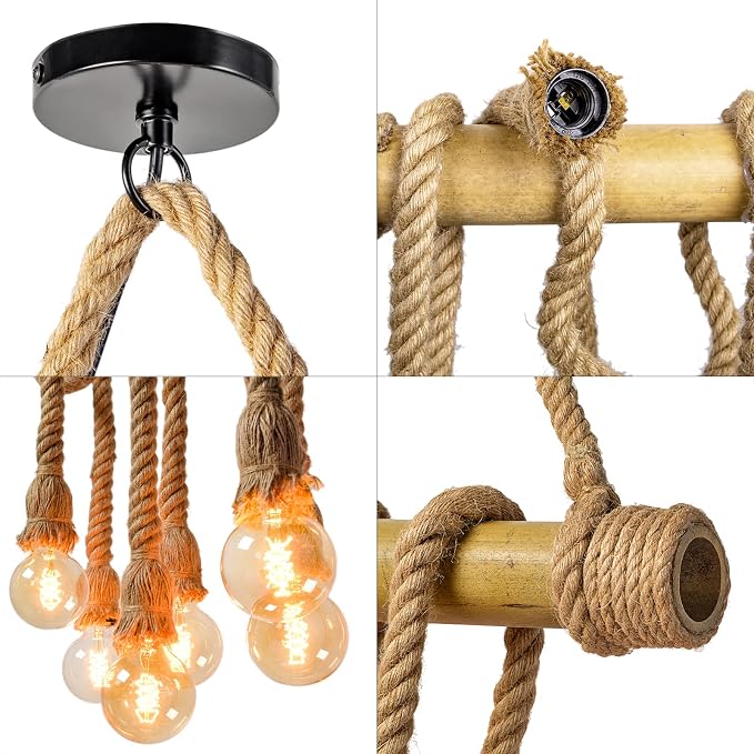 Arturesthome 6 Heads Hemp Rope Pendant Light, Vintage Bamboo Chandeliers Fixture Kitchen Island, Rustic Industrial Hanging Lamp for Bedroom Restaurant Cafe Bar Country Style Decoration