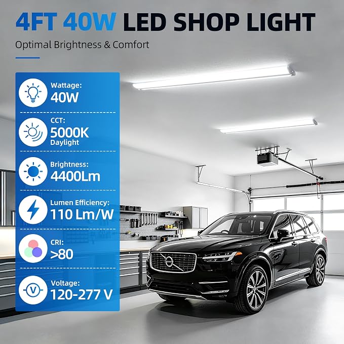 4FT 5'' W LED Wraparound Light , 40W 4400LM 5000K, 110LM/W High Efficiency | Flush Mount Ceiling Light, No Glare, Energy Saving Shop Light for Garage Office Kitchen Laundry Roon, 100-277V, ETL, 4 Pack