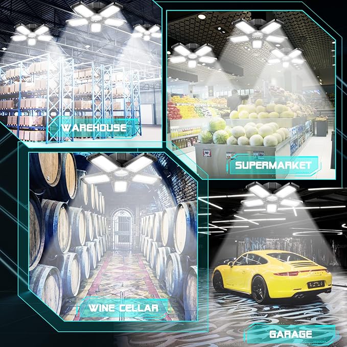 LED Garage Light - 160W 16000LM 6500K LED Garage Ceiling Lights, Screw in Shop Lighting 5+1 Deformable Panels for Attic, Basement, Workshop, E26/E27 (10)