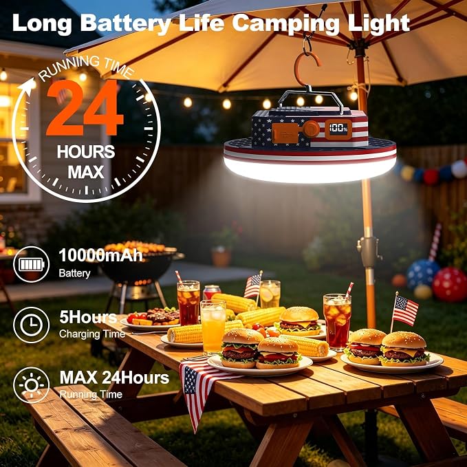 10000mAh Rechargeable Camping Light with Remote , US Flag Print American Flag Light for Outdoor Camping Hiking Emergency Power Failure (30W(US Flag Style))