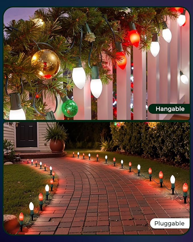 Christmas Pathway Lights Outdoor, 51.4 Ft Driveway Lights with 40 Multicolor Bulbs and Stakes, Connectable Outdoor Christmas Decorations Yard Walkway Sidewalk Holiday, Multicolor