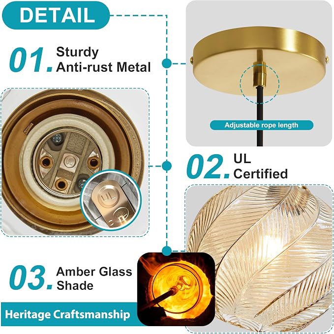 Amber Glass Pendant Lights Kitchen Island Gold Hanging Ceiling Light 9.84" | 1 Pack, Adjustable height, Dimmable, E26 bulbs, Rust-resistant Damp Rated For Bathrooms, 5-Year Warranty, UL Certification