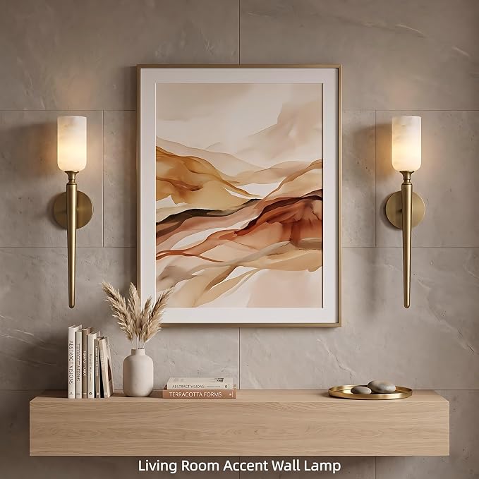 Alabaster Wall Sconces Set of Two, 22in Modern Spanish Natural Marble Bathroom Vanity Sconces, Brass Alabaster Sconce Wall Lighting, Gold Wall Light Fixtures Decor for Bedroom Living Room Staircases