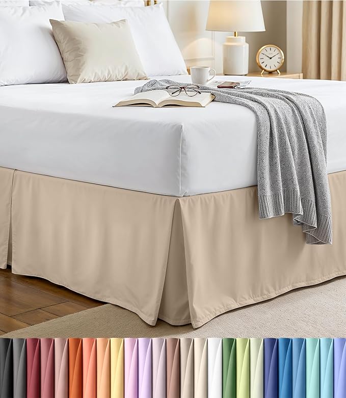 King Bed Skirt, Hides Under-Bed Storage 16 Inch Drop, Pleated, Sand | Easy Fit Design, Shrinkage & Fade Resistant, Hotel Style, Microfiber Durable Fabric, Machine Washable
