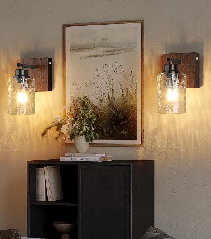 Hammered Glass Battery Operated Wall Sconces Set of Two Black & Walnut | Dimmable Rechargeable Wall Lights with Remote Timer, Easy Install Lamp for Living Room Bedroom, Emergency 3000K