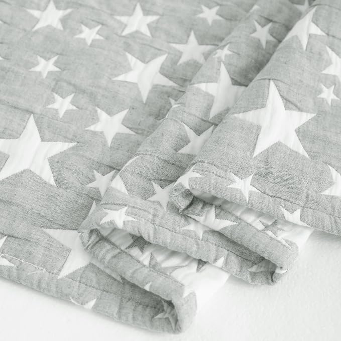 NTBAY 3 Layer Oversized Muslin Toddler Blanket, 45 x 60, Grey/White Star | Muslin Cotton Outer Layers with Light Thermal Fiber Fill, Reversible Blanket for Daycare, Travel, Naps, and Supervised Use