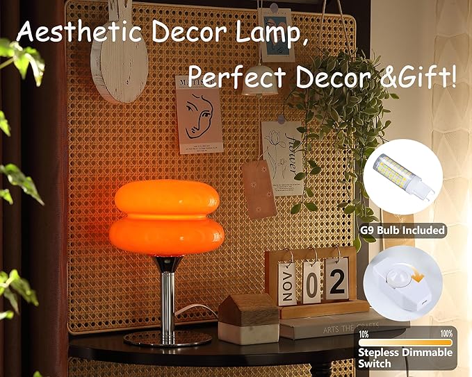Mushroom Lamp Table Lamp for Night Stands,Mid Century Modern Desk Lamps for Bedroom, Vintage Dimmable Bedside Small Lamps, Cute Cool Home Room Aesthetic Decor for Living Room (Orange)