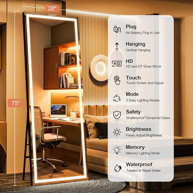 75" x 28" Full Length Mirror with Lights, LED Lighted Floor Standing Body Mirror, Dimmable & 3 Color Lighting for Bedroom, Cloakroom, Dressing Room, Tempered Glass, Black Frame