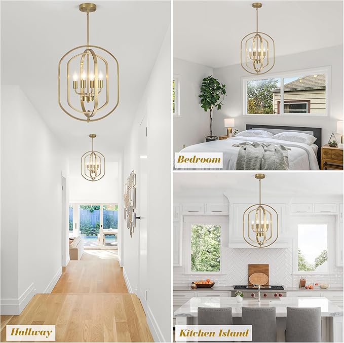 LASENCHOO 4 Lights Gold Chandelier for Dining Room Light Fixture, Modern Farmhouse Chandeliers for Entryway Foyer Lighting Fixtures, Metal Geometric Lantern Pendant Light Kitchen Island with E12 Base