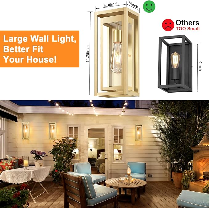 15" Outdoor Wall Lights, Gold Exterior Lighting Fixtures | Large Size, Anti-Rust, Waterproof, Tempered Glass, Easy Installation, Modern & Classic Outdoor Sconces for House Porch Garage