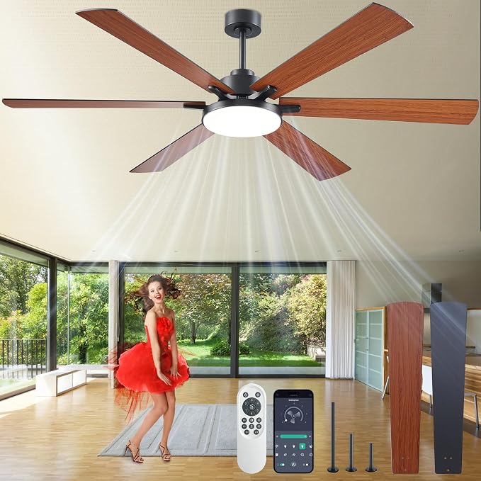 72 inch Ceiling Fans with Lights and Remote Control,Indoor/Outdoor Flush Mount Low Profile Commercial Reversible Dimmable Wood Grain Ceiling Fans for Living Room Patio Industrial Shop.