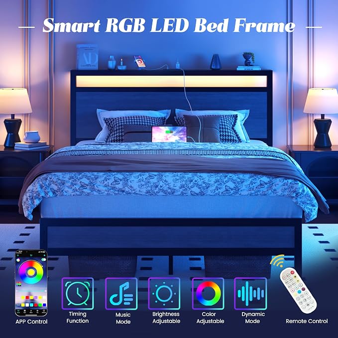 Fluest Full Bed Frame with Headboard & Footboard, Full Bed Frame with Built-in Charging Station & LED Light, Storage Shelf, Noise-Free, No Box Spring Needed, Easy Assembly, Rustic Grey