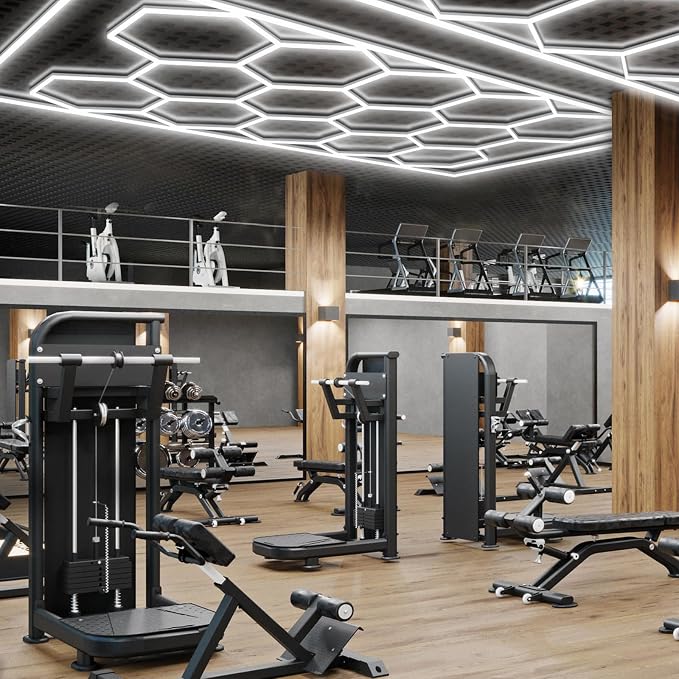 Hexagon Garage Lights Honeycomb LED Hex Light, 672W, 80640LM, 6500K Super Bright, 14 Grid Systems Car Detailing Lights with Rectangular Frame for Garage Warehouse Workshop Basement Gym