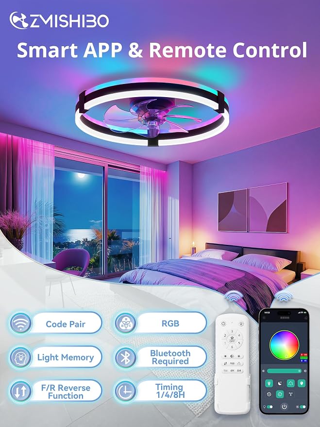 ZMISHIBO 20" RGB Low Profile Ceiling Fans with Lights and Remote, Black | Custom RGB+3CCT Dimmable, 6 Speeds, Remote/App Control, Reversible DC Motor, Memory, Timer, Modern Fandelier for Kids/Bedroom