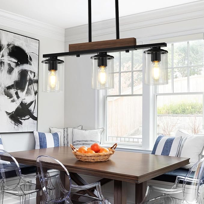 23.6" Dining Room Fixture Over Table,Farmhouse Chandelier | 3-Light, Black Modern Rustic Wood Pendant, Adjustable Height, Clear Glass Shade, Linear Hanging Lighting for Kitchen Island
