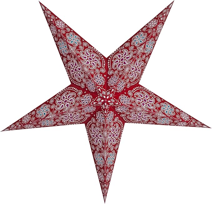 GalaxyArts Paper Star Lanterns, 24 Inch Red Chakra 3D Light-Up Hanging Lamp, Handcrafted Hollow Out 5-Point Star Decoration for Christmas, Wedding, Birthday, Parties, Indoor Outdoor Holiday Home Décor