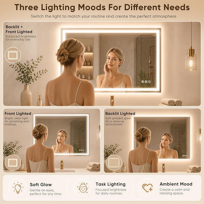 Antok 36x36 LED Bathroom Mirror with Lights, Backlit + Front Lit Vanity Mirror with CRI>90, Dimmable Anti-Fog Smart Mirror with Memory Function, 3 Color Temperatures, Shatterproof Tempered Glass, ETL