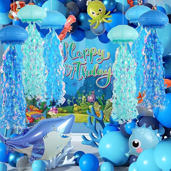 ADLKGG Jellyfish Paper Lanterns, Under The Sea Party Decorations, 6pcs Hanging Jelly Fish for Mermaid Ocean Themed Birthday Party Decorations, Baby Shower Classroom Decor (Blue）
