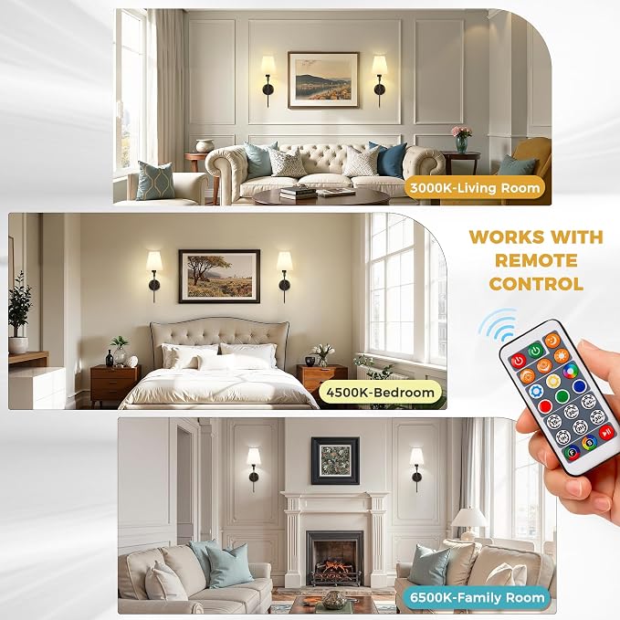 Battery Operated Wall Sconce: Set of 2 Wireless Wall Light 12000mAh | 15 Color Rechargeable Wall Sconces, Sconce Wall Decor Set of 2 for Bedroom, Living Room, Black 20.7in