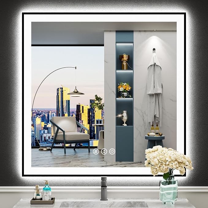 36x36 Black LED Bathroom Mirror, Backlit & Front Lit Lighted Mirror | Metal Framed Anti-Fog Vanity Mirror with Lights, 3 Color Dimmable, Memory, Tempered Glass, CRI95, IP54, Horizontal/Vertical
