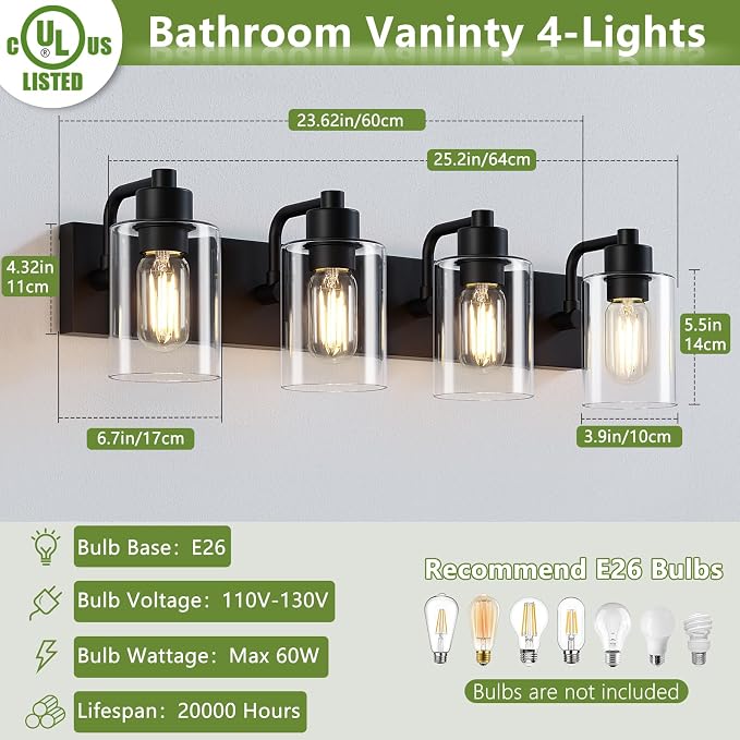 Dpyrrhic Bathroom Vanity Light, Modern Matte Black 4-Light Bathroom Lights Over Mirror with Clear Glass Shade,Wall Sconces for Bedroom,Living Room