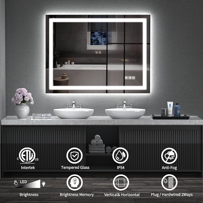LED Mirror for Bathroom, 48x36 Inch Backlit + Front Lighted Bathroom Vanity Mirror with Lights for Wall, Double Light Strips, 3 Colors, Shatter-Proof, Anti-Fog and Brightness Memory | Bathroom Vanity Mirror with Lights for Wall, Double Light Strips, 3 ...