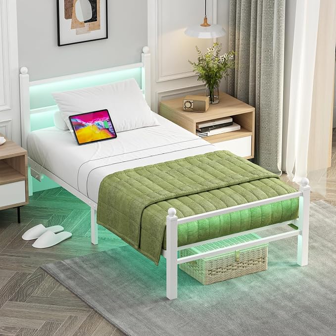 Jenmit Twin Size Bed Frames with Charging Ports&LED Lights,Heavy Duty Metal Slats Support,No Box Spring Needed,Noise Free,No Squeak,Easy Assembly,for Girls Kids,White