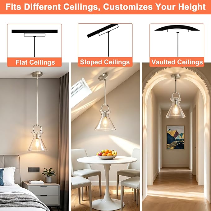 Glass Pendant Lights Kitchen Island Nickel 9.84'' Clear Glass Shade | Modern Pendant Lighting Over Sink, Adjustable Hanging Ceiling Light, E26 Dimmable Hardwired for Dining Room Hallway, 1-Pack