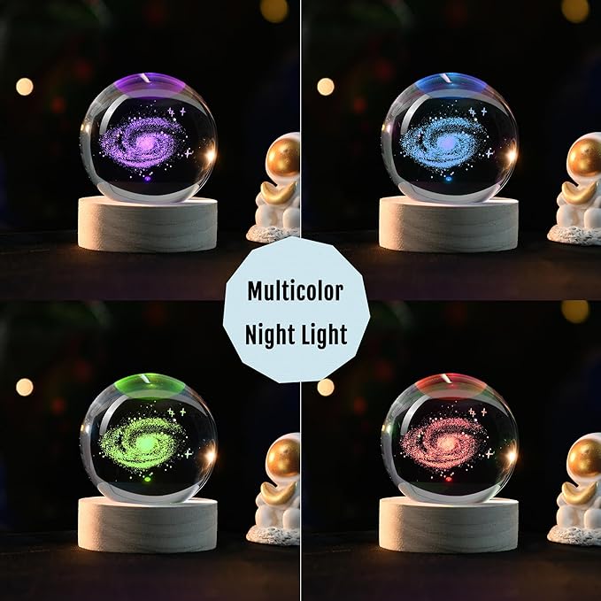 IFOLAINA 3D Galaxy Crystal Ball 2.36" Laser Engraved Glass Planet Sphere Gifts with Colorful Lighted Base Decorative Glass Ball Galaxy Model Decor Space Universe Gifts for Astronomy Lover