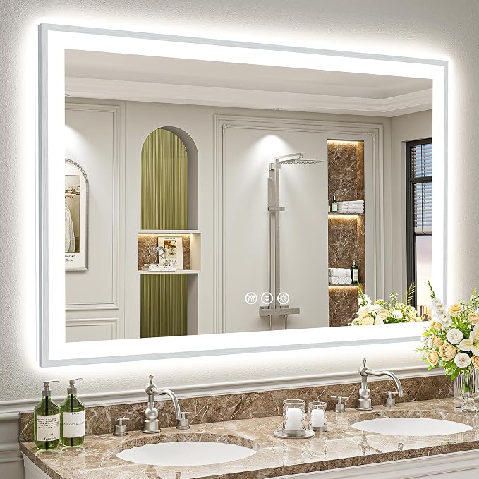 55x40 Inch Brushed Nickel LED Bathroom Mirror, Backlit & Front Lit | Silver Framed Anti-Fog Lighted Vanity Mirror with Lights, 3 Color Dimmable, Memory, HD Tempered Glass, CRI95, IP54, UL Listed