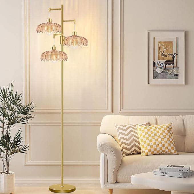 Gold Floor Lamps for Living Room Bedroom-3 Light Glass Floor Lamp with Three Led Bulb, Flower Tall Floor Lamp Dimmable Mid Century Modern Standing Lamp Vintage Tree Floor Lamps for Bedroom Corner