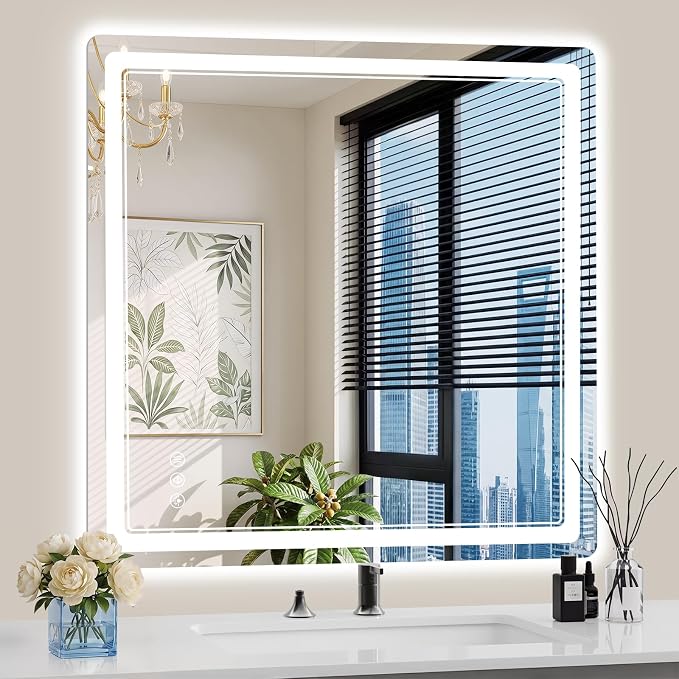 36"x36" LED Bathroom Mirror with Lights, Backlit + Front Lit, Anti-Fog, Lighted Bathroom Mirror for Wall, HD Shatterproof Tempered Glass, Dimmable, Memory Function (Horizontal/Vertical)