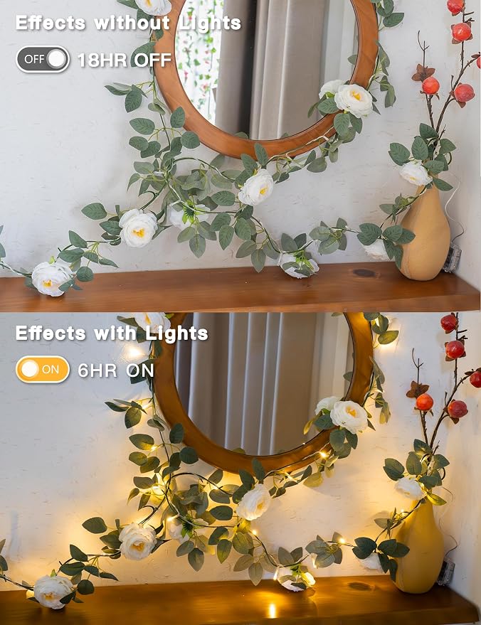 60LED Garland with White Camellia Lights Battery Operated Clear Wire | Vines Fairy Lights with Remote,Artificial Fake Flowers String Lights for Wedding,Bedroom,Centerpieces Decor(Warm White)