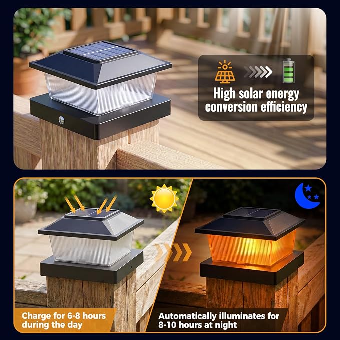 btfarm 4x4 Solar Flame Post Cap Lights Outdoor, 6 Pack Flickering Flame Fence Deck Post Lights, Waterproof Solar Powered Lighting Outside Fit 4x4 3.5x3.5 Wooden/Vinyl for Porch Patio Garden, Black Cap
