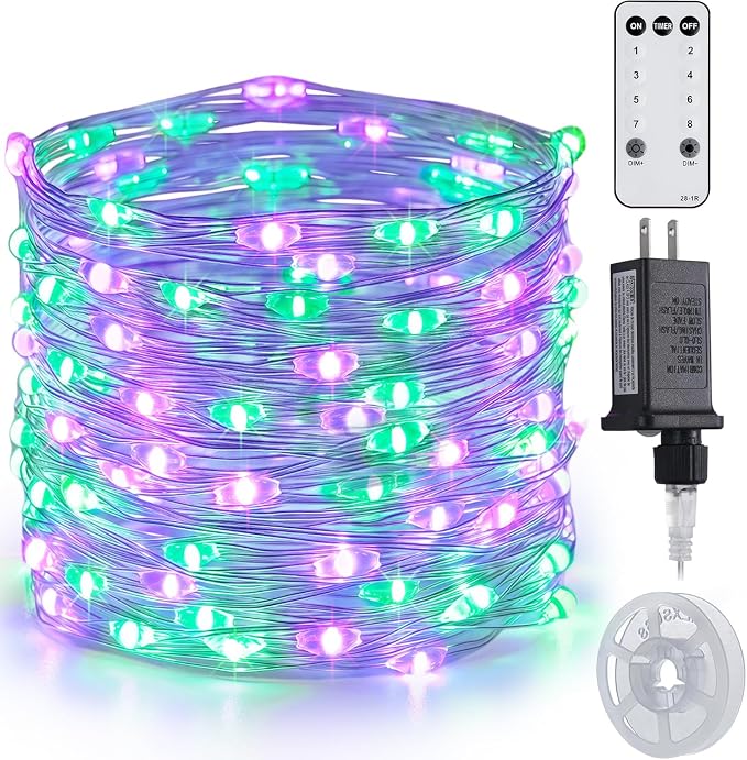 JMEXSUSS 200 LED Purple and Green Halloween Fairy Lights Plug in | 8 Modes Halloween Lights Indoor Outdoor with Wheel, 66 ft Remote Control Christmas Fairy Lights for Xmas
